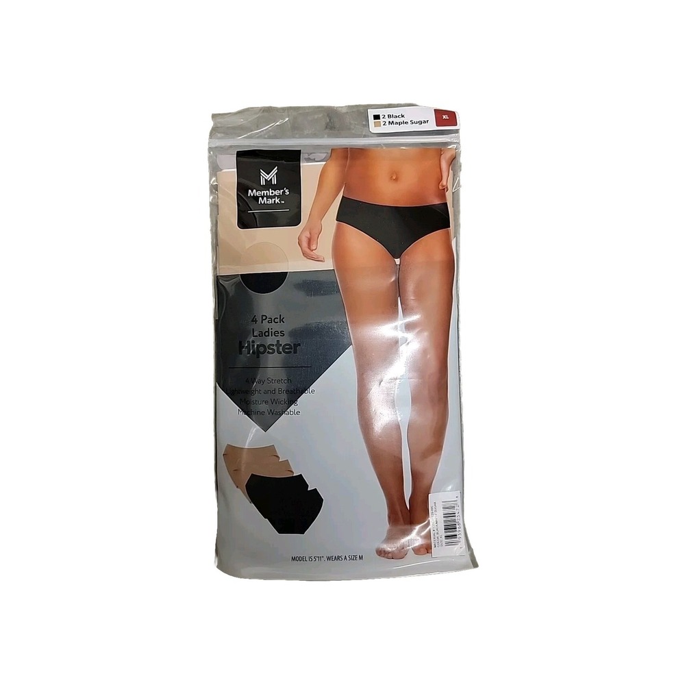 NWT Member's Mark Ladies Stretch Wicking Hipster 4 Pack Black/Maple XXL